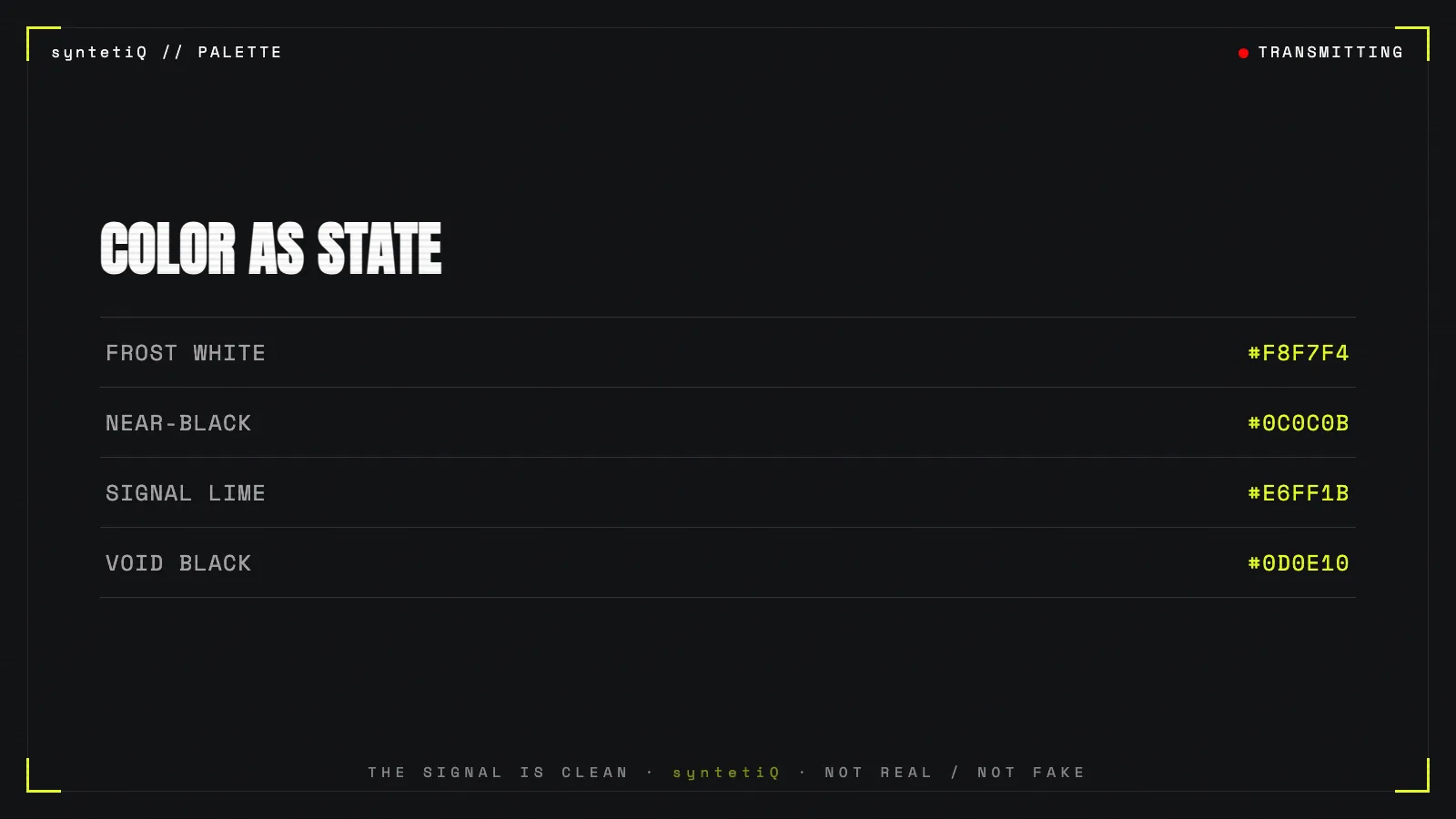 Color-as-state table for the Labs design system: frost white, near-black, signal lime, void black