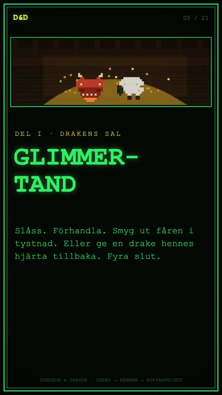CRT-affisch: GLIMMERTAND, draken i sin sal med ett får.
